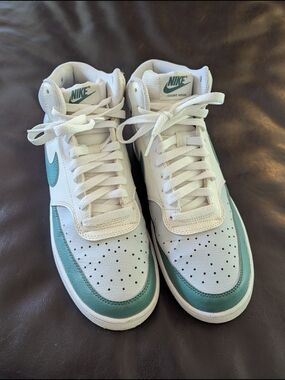 Nike Court Vision Mid Sneakers in White and Teal